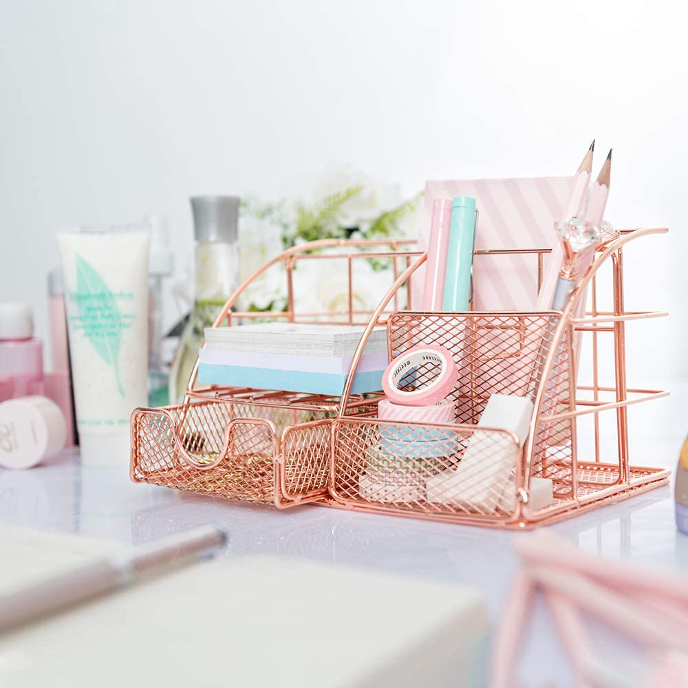 Rose Gold Desk Organizer for Women, AUPSEN Mesh Office Supplies Desk Accessories, Features 5 Compartments + 1 Mini Sliding Drawer