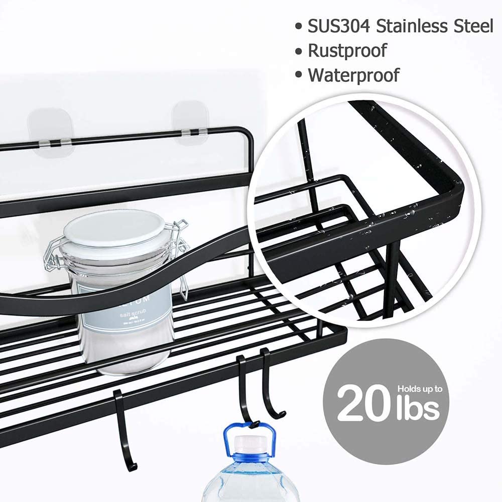 Shower Caddy Basket Shelf with Hooks, Caddy Organizer Wall Mounted Rustproof Basket with Adhesive, No Drilling, 304 Stainless Steel Black