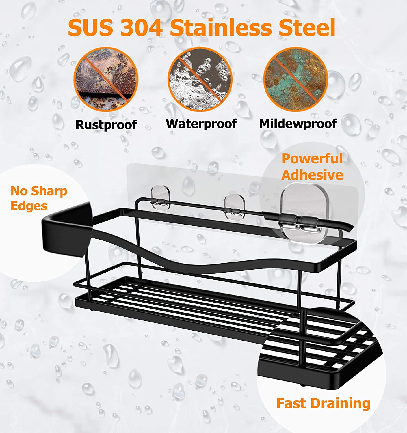 Shower Caddy Bathroom Shelf, No Drilling Traceless Adhesive Bathroom Storage Organizer, SUS304 Rustproof Food Storage Basket, 2-in-1 Kitchen Spice Racks-2 Pack (Matte Black)