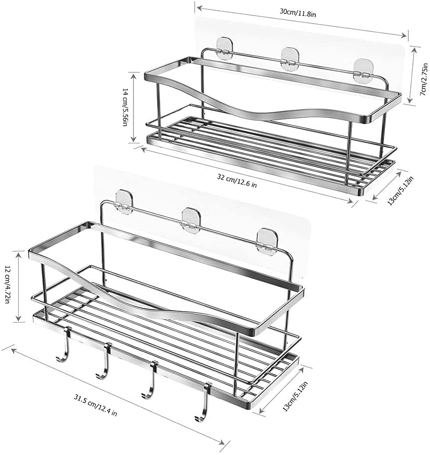 Shower Caddy Bathroom Shelf, No Drilling Traceless Adhesive Bathroom Storage Organizer, SUS304 Rustproof Food Storage Basket, 2-in-1 Kitchen Spice Racks-2 Pack (Polished Silver)