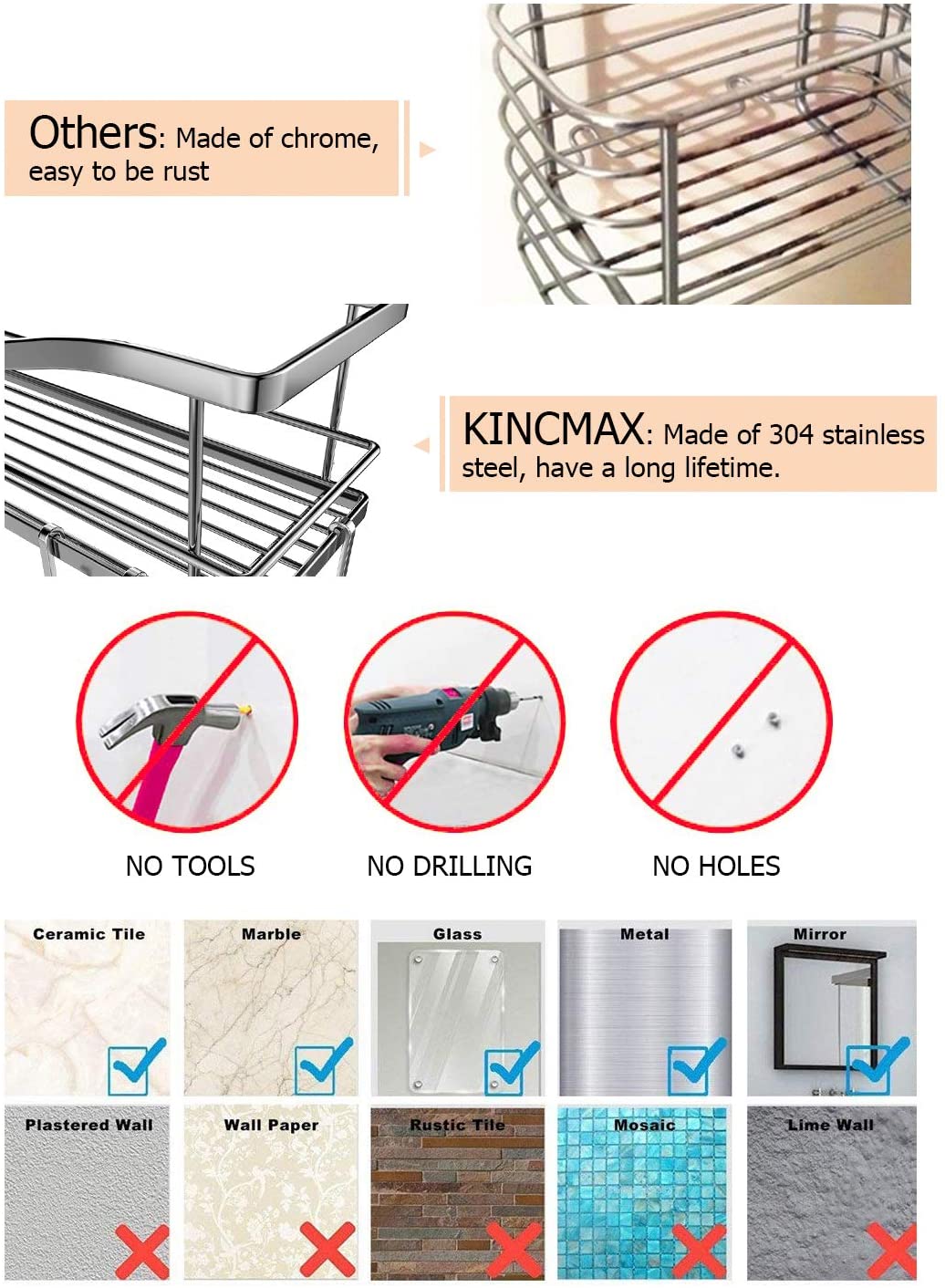 Shower Caddy Bathroom Shelf, No Drilling Traceless Adhesive Bathroom Storage Organizer, SUS304 Rustproof Food Storage Basket, 2-in-1 Kitchen Spice Racks-2 Pack (Polished Silver)