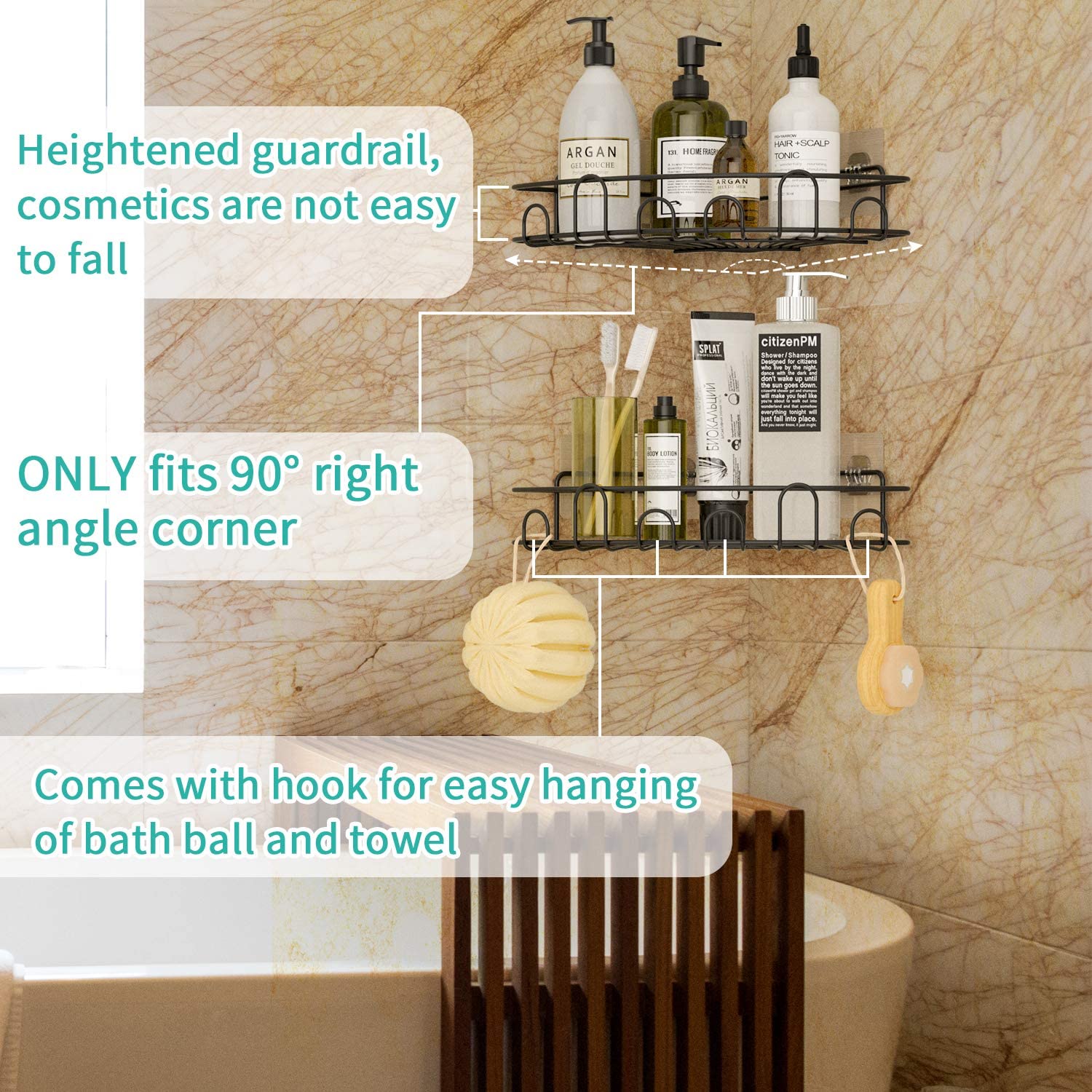 Shower Caddy Corner Bathroom Shelf Shower Rack with 8 Traceless Adhesive Hooks, No Drilling Shower Organizer Wall Mounted Storage Organizer for Kitchen Toilet Dorm, 2 PACK