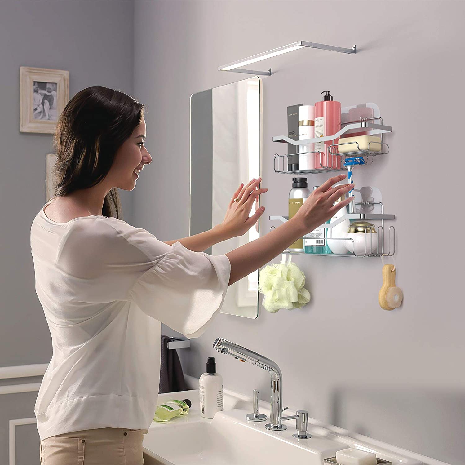 Shower Caddy Shower Storage Rack with 11 Hooks for Hanging Shower Ball and Razor, Shampoo Holder Organizer No Drilling Shower Shelf with 4 Traceless Adhesive Hooks