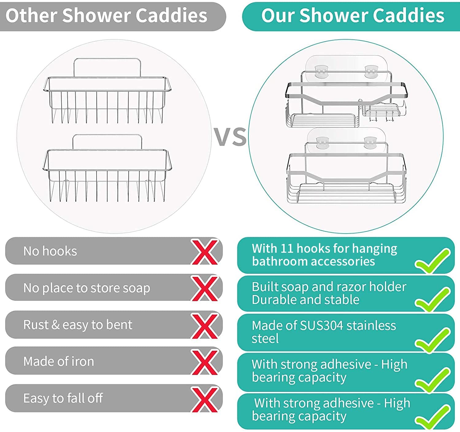 Shower Caddy Shower Storage Rack with 11 Hooks for Hanging Shower Ball and Razor, Shampoo Holder Organizer No Drilling Shower Shelf with 4 Traceless Adhesive Hooks