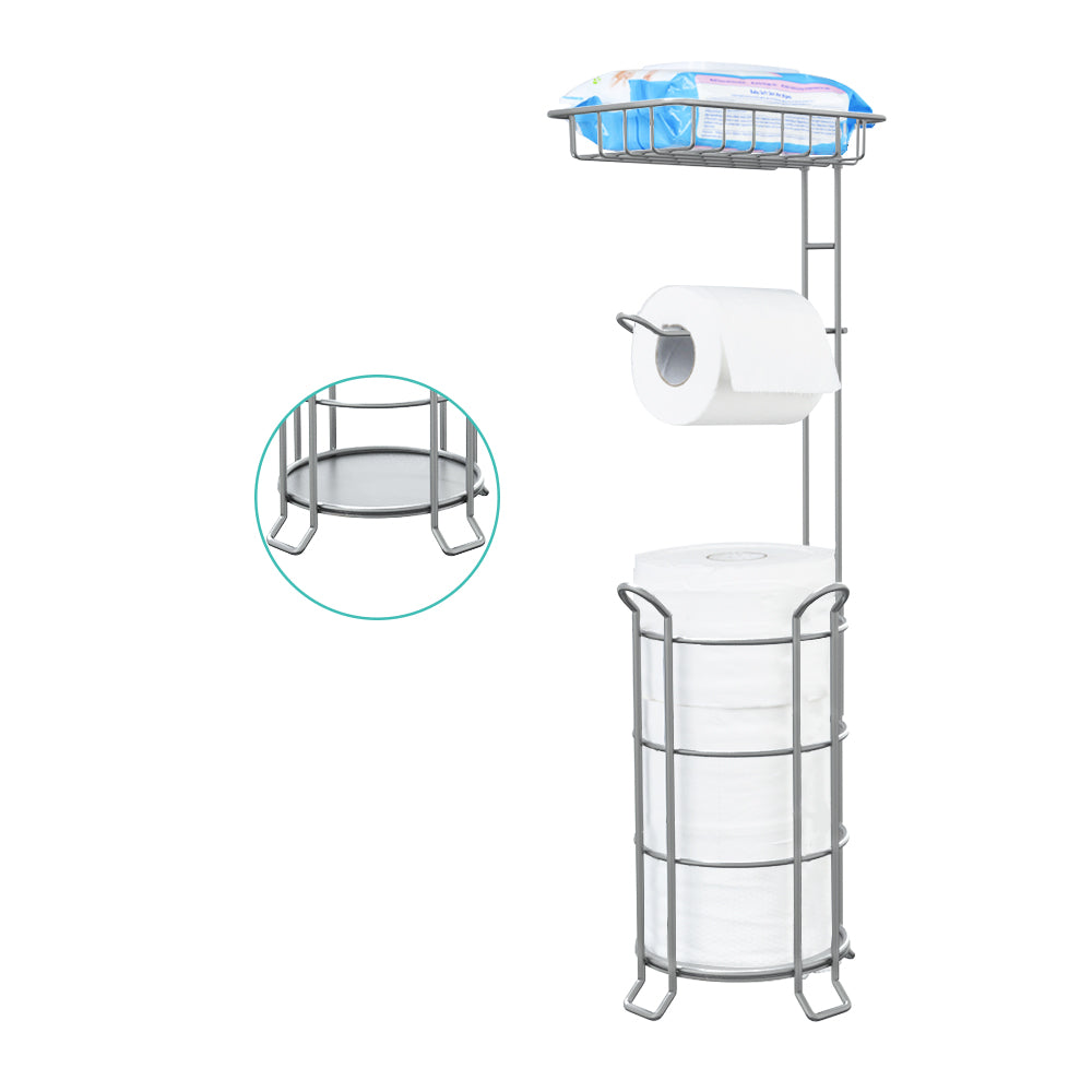TreeLen Toilet Paper Holder Stand Bathroom Tissue Dispenser Holders Rack Free Standing with Extra Shelf Storage Mega Rolls/Phone/Wipe - Silver