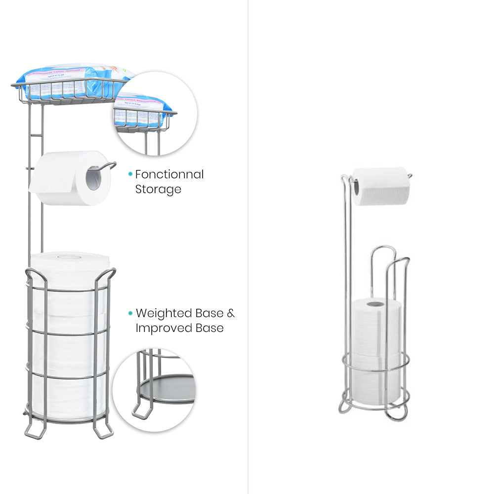 TreeLen Toilet Paper Holder Stand Bathroom Tissue Dispenser Holders Rack Free Standing with Extra Shelf Storage Mega Rolls/Phone/Wipe - Silver