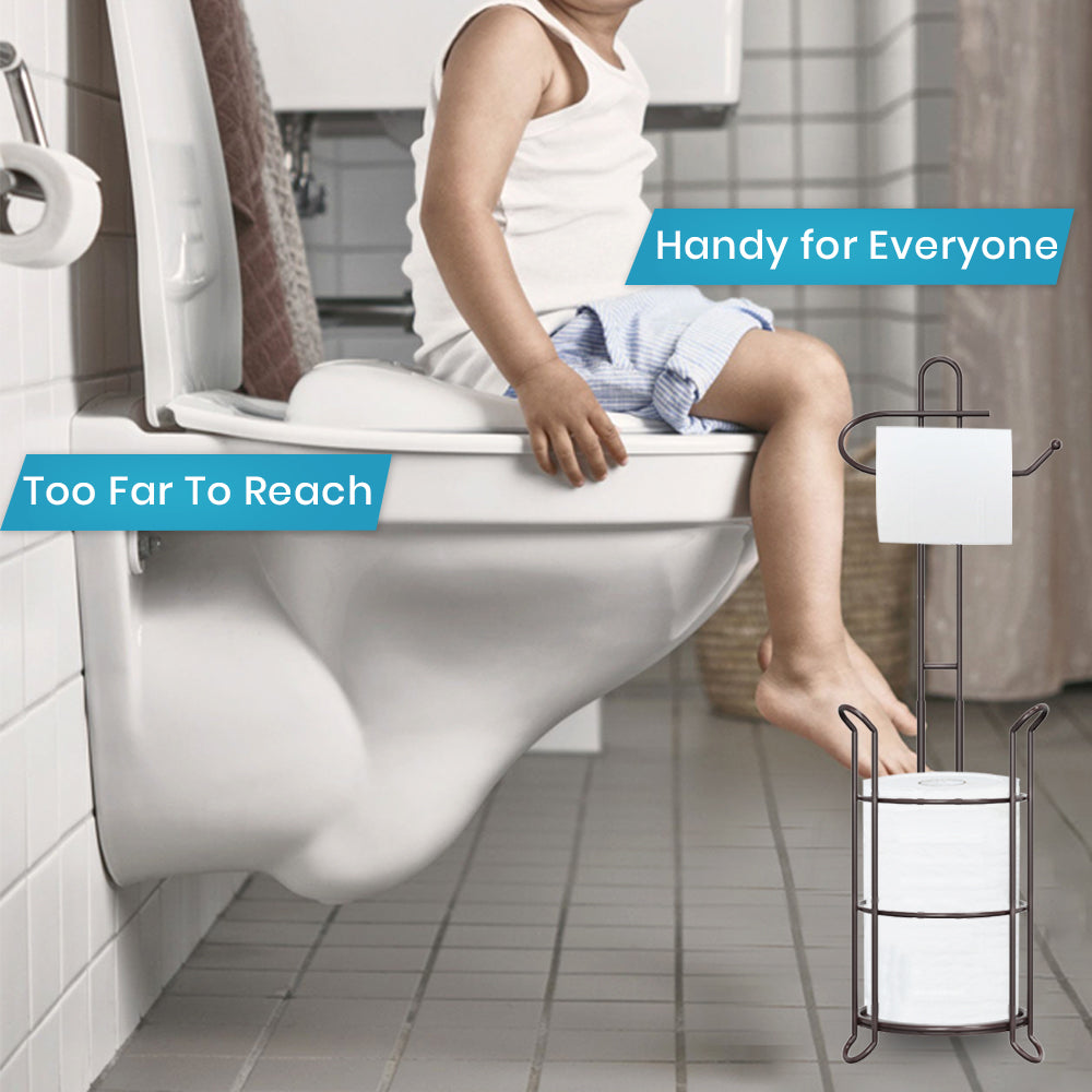 TreeLen Toilet Paper Holder Stand Bathroom Tissue Roll Dispenser Holder Free Standing with Storage Rack Reserves 4 Mega Rolls-Bronze