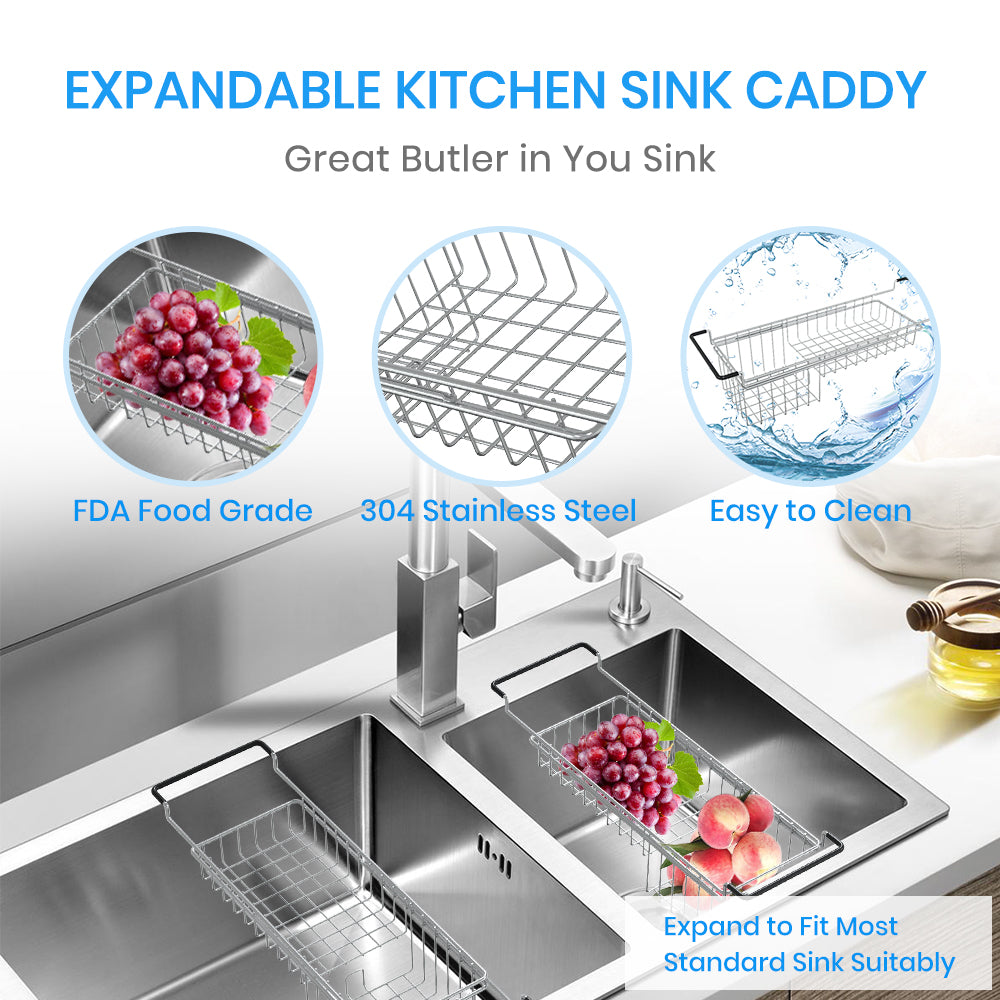 Sink Caddy Sponge Holder Sponge Organizer Caddy Rag Detergent Brush Dishwashing Liquid Rack Expandable 14-3/4" to 20" Stainless Steel