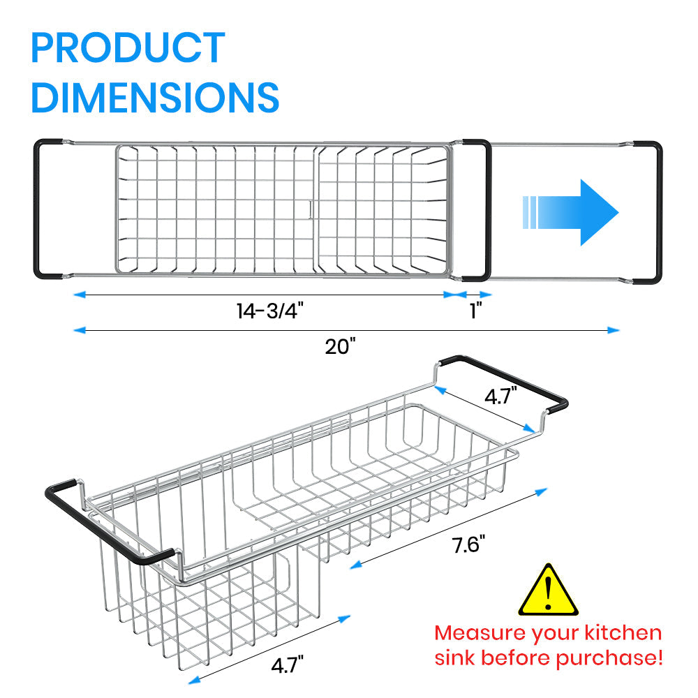 Sink Caddy Sponge Holder Sponge Organizer Caddy Rag Detergent Brush Dishwashing Liquid Rack Expandable 14-3/4" to 20" Stainless Steel