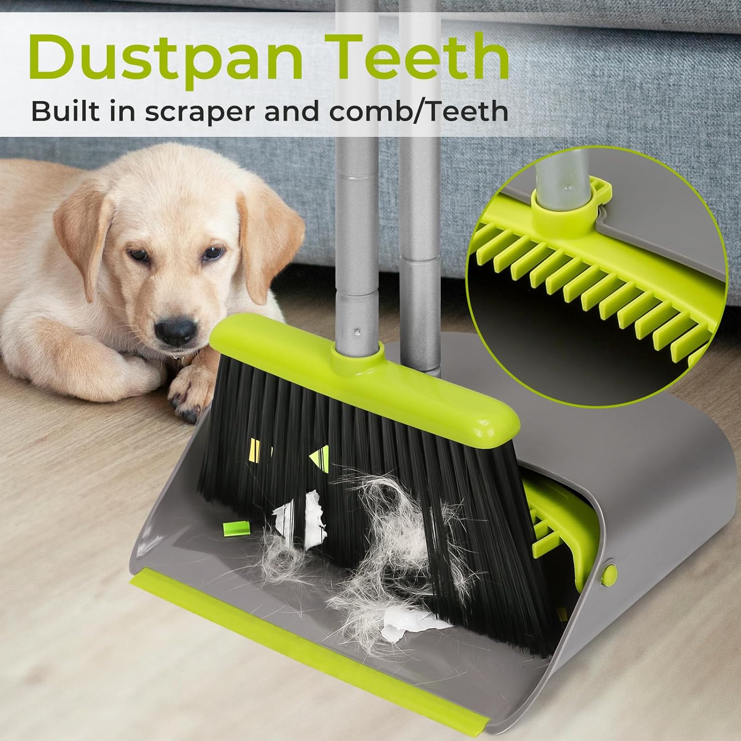 Broom and Dustpan Comb Set for Home, 52" Long Handle Standing Dustpan for Home Room Kitchen Office Lobby Outdoor Floor Use