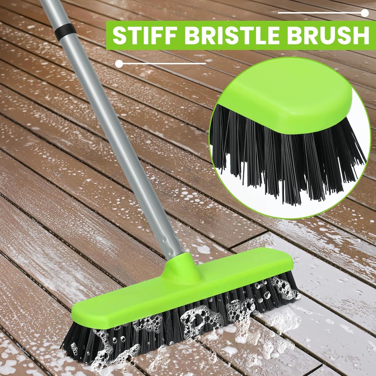 Floor Scrub Brush with Long Handle, Stiff Bristle Deck Scrubber Brush for Cleaning Tile Shower Patio Garage Kitchen Pool
