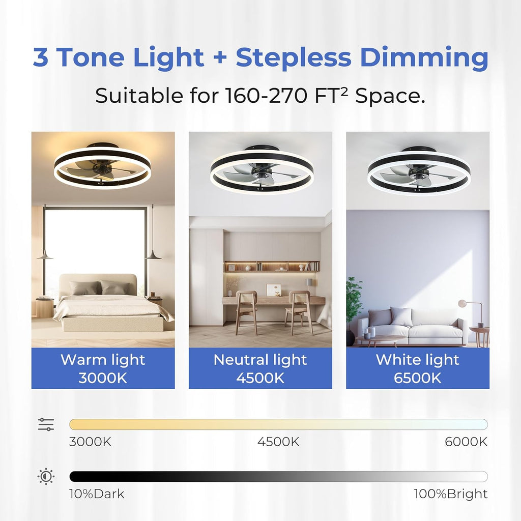 Ceiling Fans with Lights and Remote, 20'' Low Profile Fan, 3000-6000K Dimmable Modern Flush Mount LED Fandelier, 6 Speeds Reversible DC Motor, Black Ceiling Fan for Bedroom Living Room