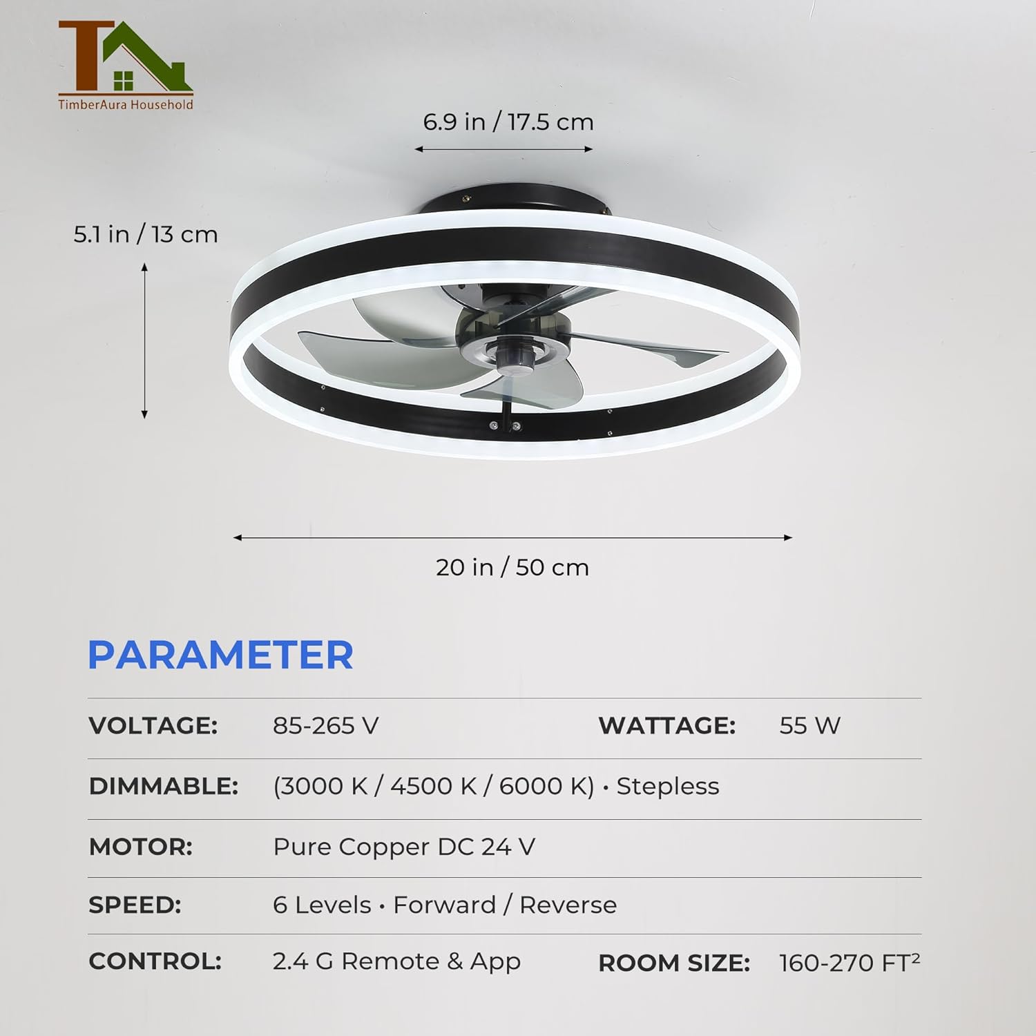Ceiling Fans with Lights and Remote, 20'' Low Profile Fan, 3000-6000K Dimmable Modern Flush Mount LED Fandelier, 6 Speeds Reversible DC Motor, Black Ceiling Fan for Bedroom Living Room