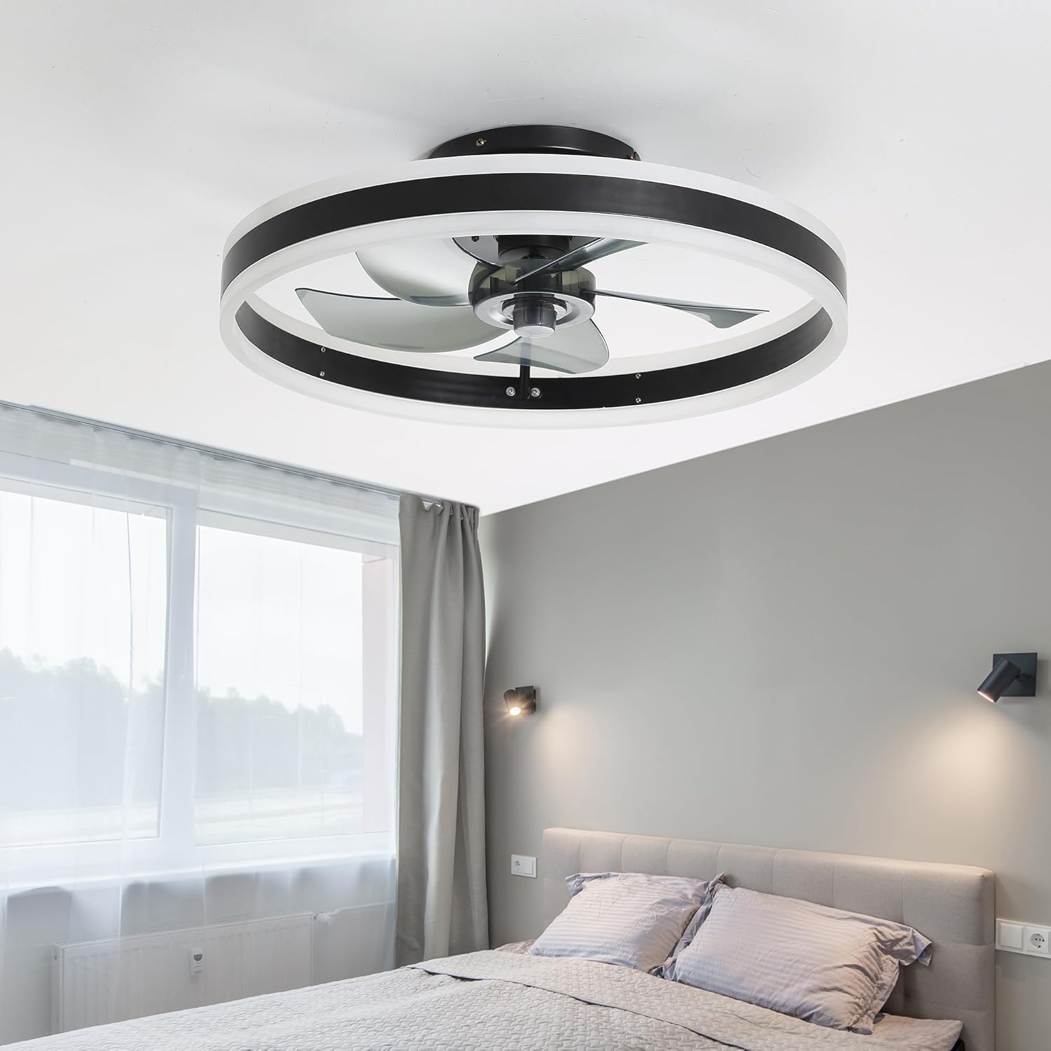 Ceiling Fans with Lights and Remote, 20'' Low Profile Fan, 3000-6000K Dimmable Modern Flush Mount LED Fandelier, 6 Speeds Reversible DC Motor, Black Ceiling Fan for Bedroom Living Room