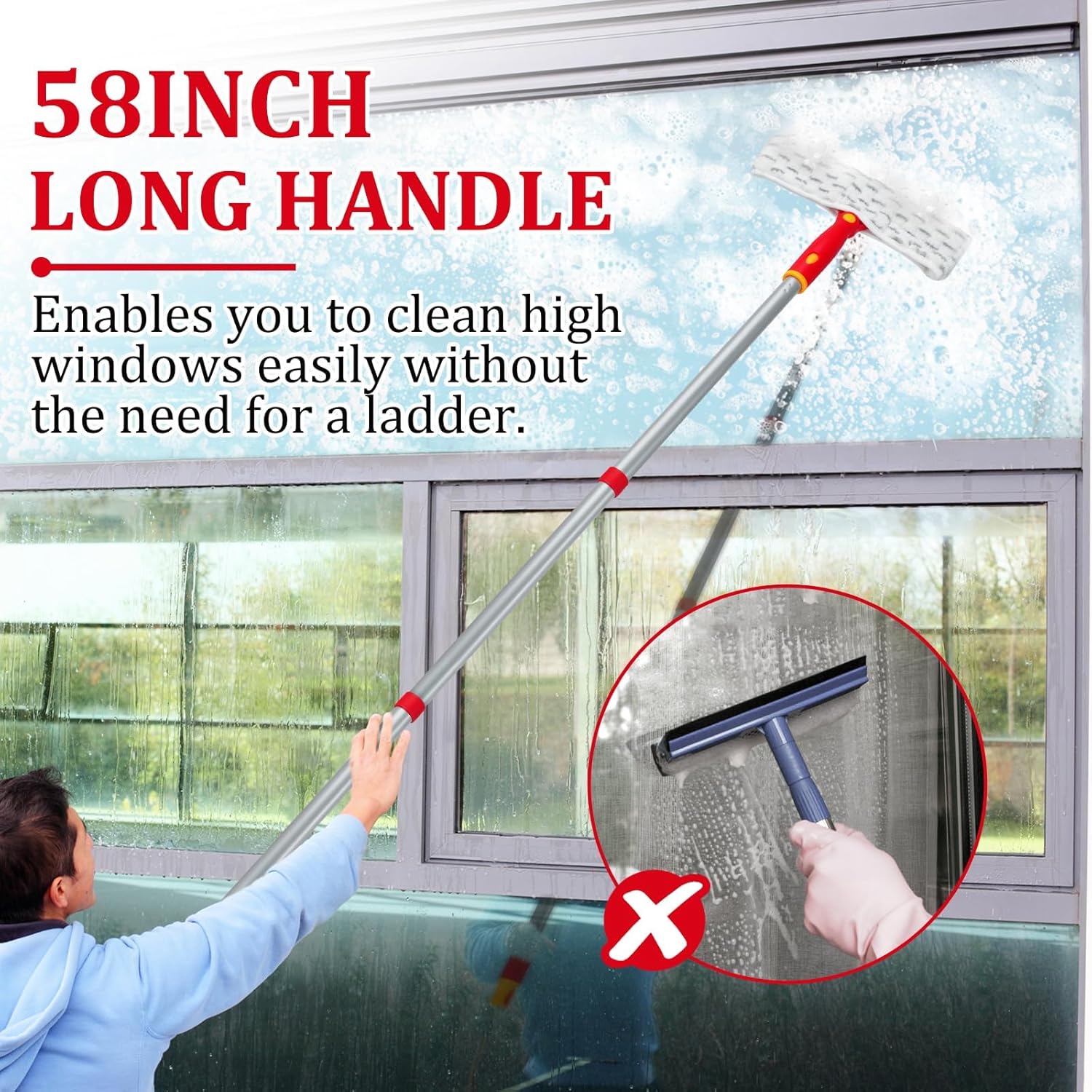Long Handle Window Cleaning Kit,Rotatable Rubber Squeegee and Microfiber Scrubber,with Window Track Cleaning Tools- Window Cleaner Tool for Indoor Outside Window Glass Door Mirror Car Windshield