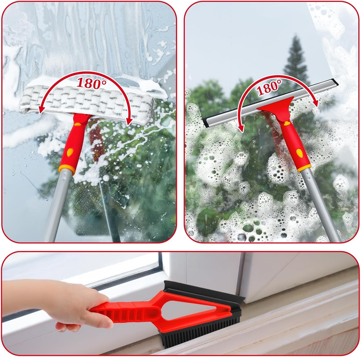 Long Handle Window Cleaning Kit,Rotatable Rubber Squeegee and Microfiber Scrubber,with Window Track Cleaning Tools- Window Cleaner Tool for Indoor Outside Window Glass Door Mirror Car Windshield