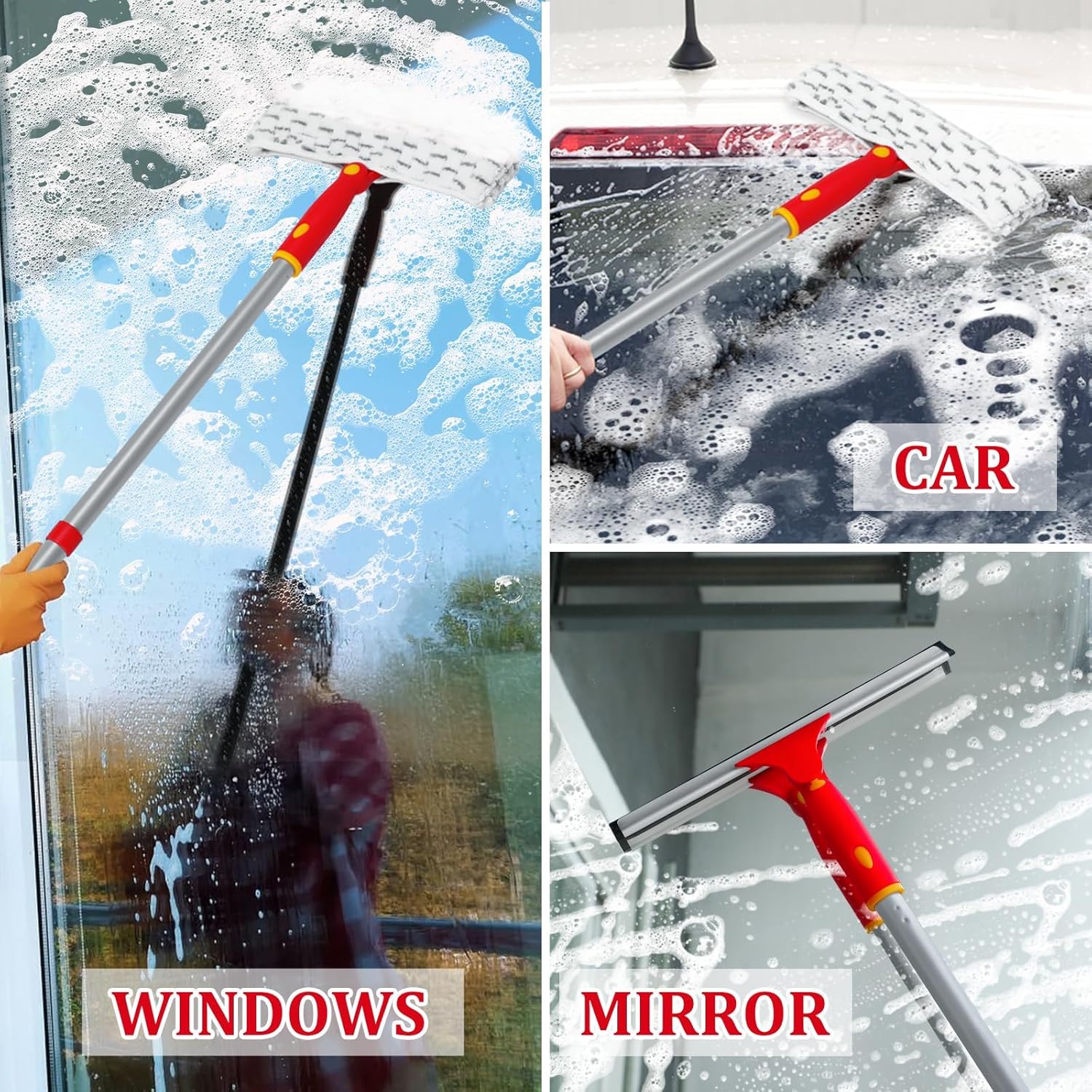 Long Handle Window Cleaning Kit,Rotatable Rubber Squeegee and Microfiber Scrubber,with Window Track Cleaning Tools- Window Cleaner Tool for Indoor Outside Window Glass Door Mirror Car Windshield