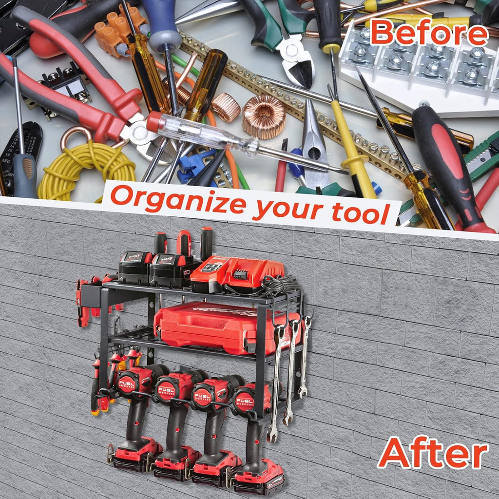 TreeLen Power Tool Organizer Wall Mount, Power Tool Holder 3 Layers Heavy Duty Drill Holder Suitable for Garage, Workshop and Warehouse