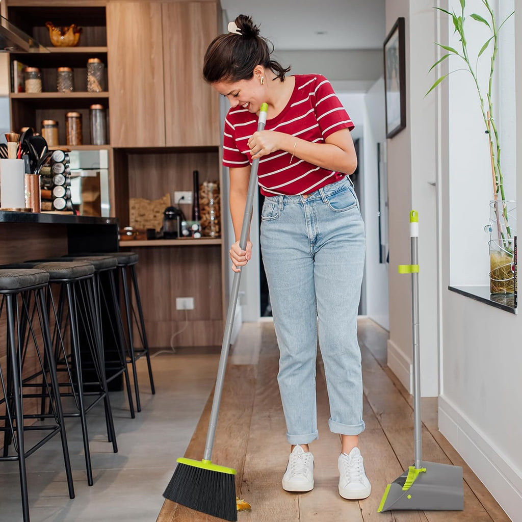 Broom and Dustpan Comb Set for Home, 52" Long Handle Standing Dustpan for Home Room Kitchen Office Lobby Outdoor Floor Use