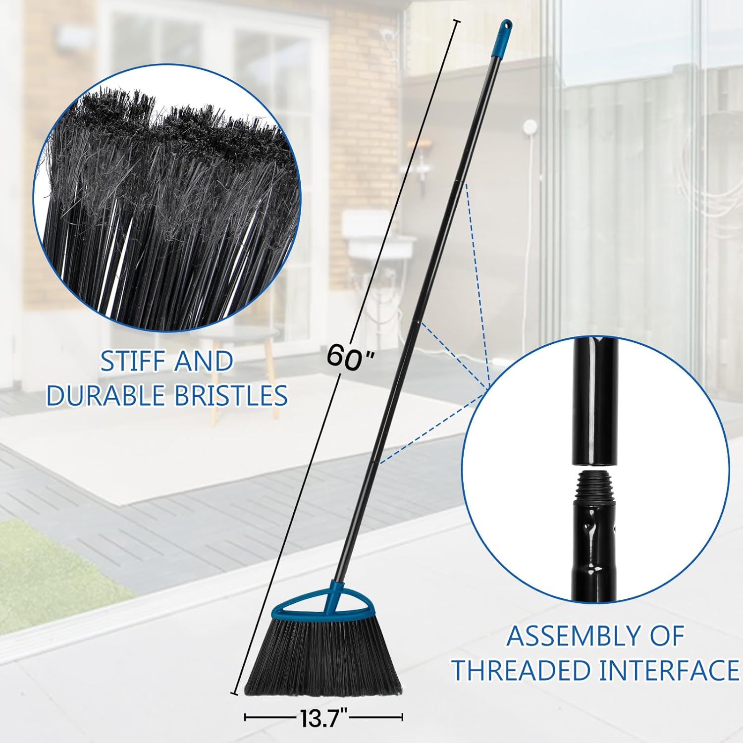 3 Pack Outdoor Broom Heavy Duty 60''Large Brooms for Sweeping Patio Garage Lobby Yard Garden Kitchen Indoor House Angle Broom Office Commercial Broom