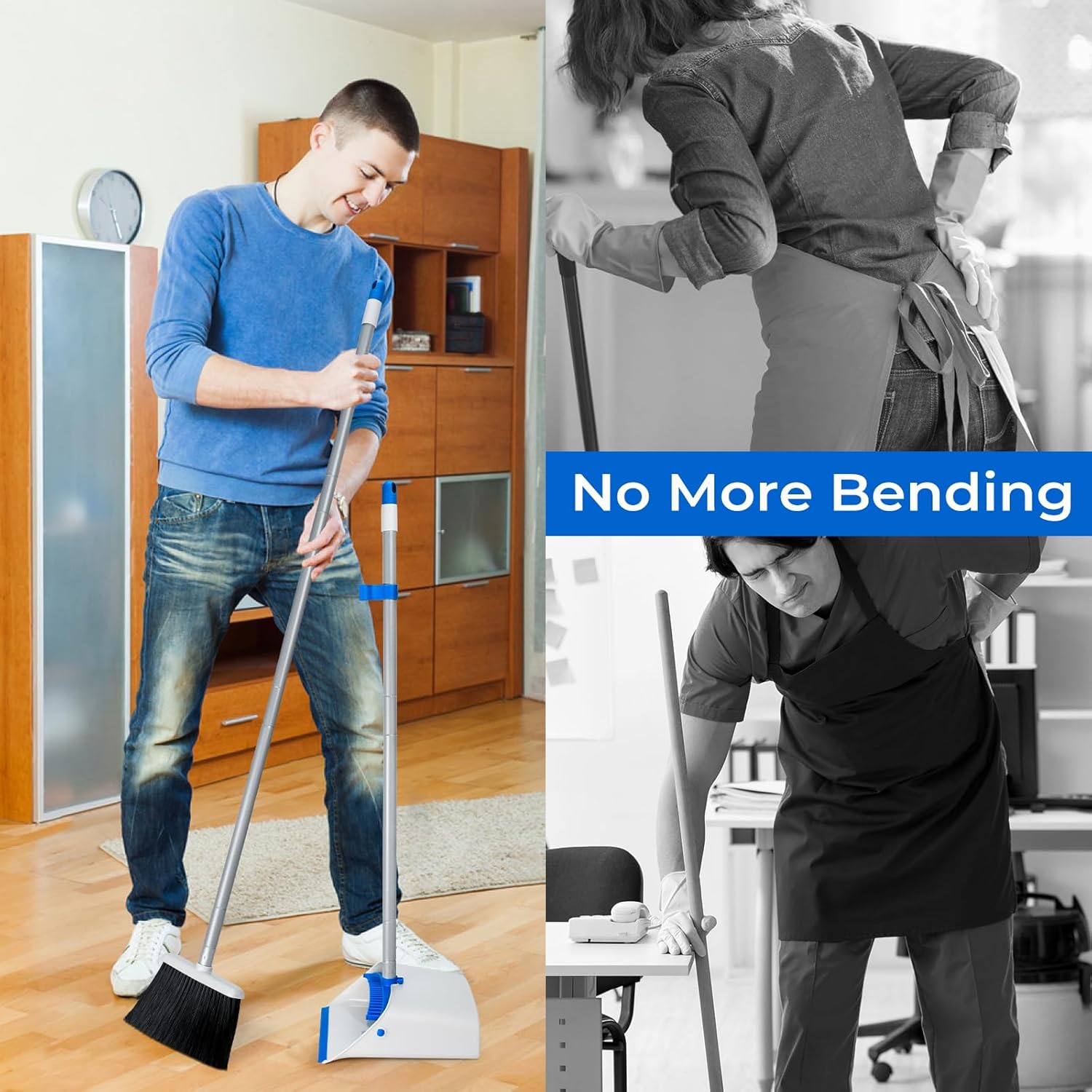 Broom with Dustpan Combo Set, 52" Upright Dust Pans with Long Handle Angle Broom for Home Kitchen Room Office Lobby Cleaning Gray