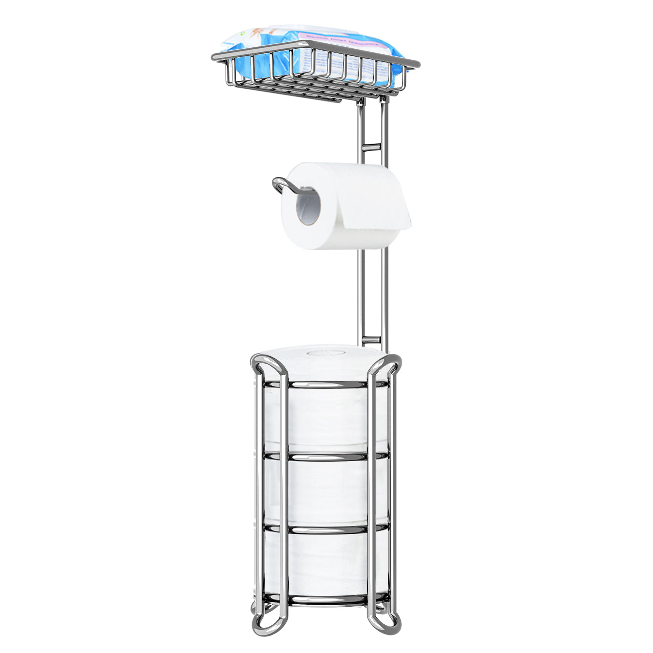TreeLen Toilet Paper Holder Stand Toilet Tissue Roll Holder with Shelf for Bathroom Storage Holds Phone/Wipe/Mega Rolls-Shiny Chrome
