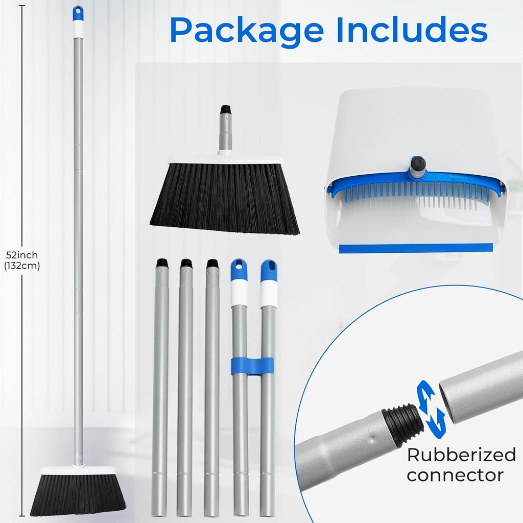 Broom with Dustpan Combo Set, 52" Upright Dust Pans with Long Handle Angle Broom for Home Kitchen Room Office Lobby Cleaning Gray