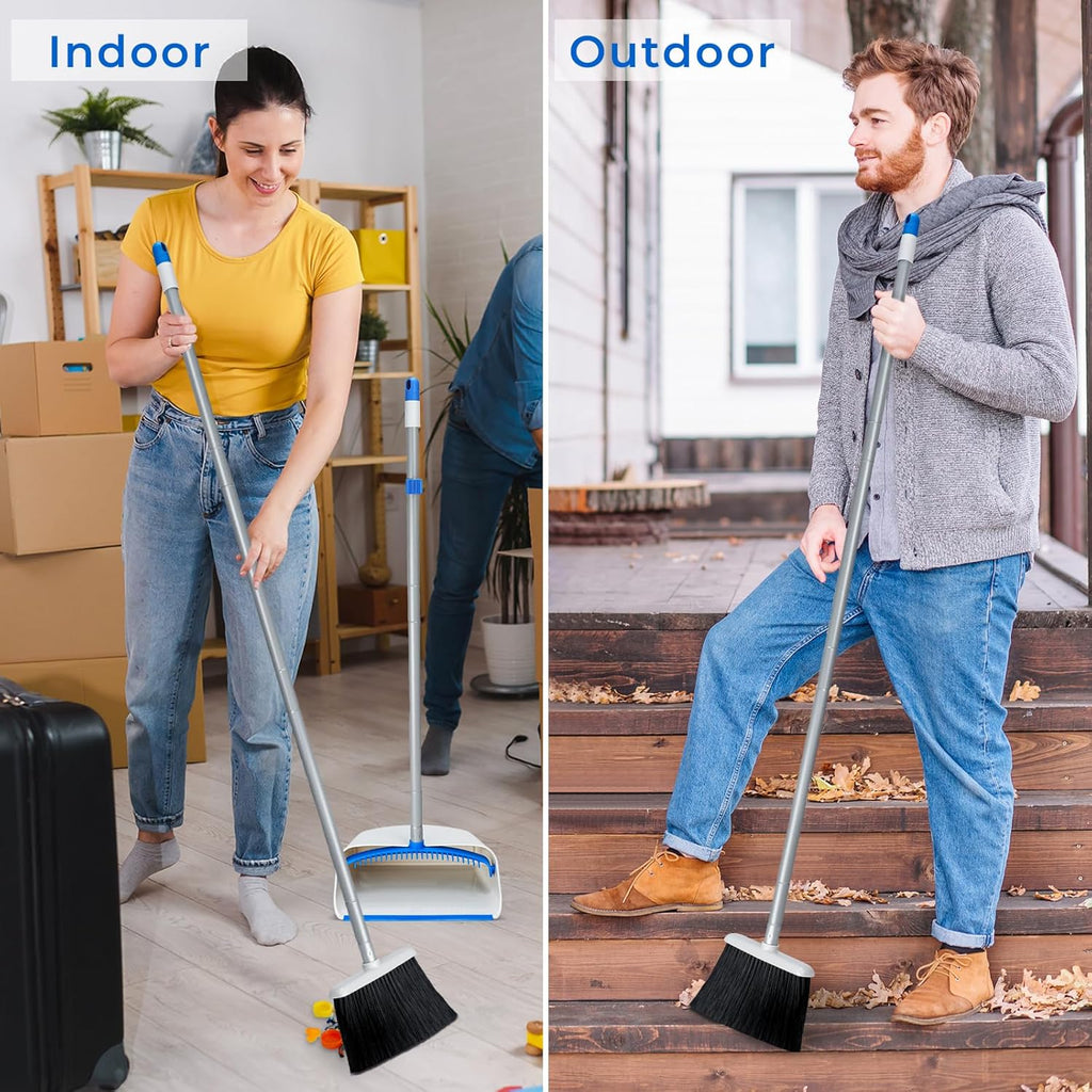 Broom with Dustpan Combo Set, 52" Upright Dust Pans with Long Handle Angle Broom for Home Kitchen Room Office Lobby Cleaning Gray