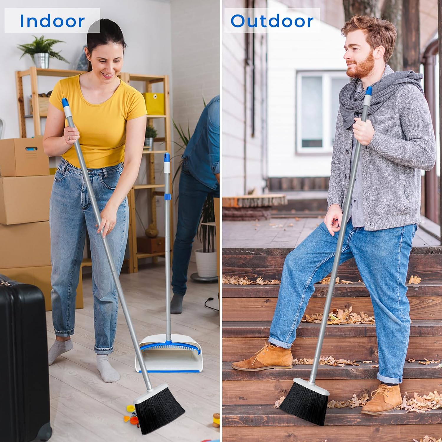 Broom with Dustpan Combo Set, 52" Upright Dust Pans with Long Handle Angle Broom for Home Kitchen Room Office Lobby Cleaning Gray