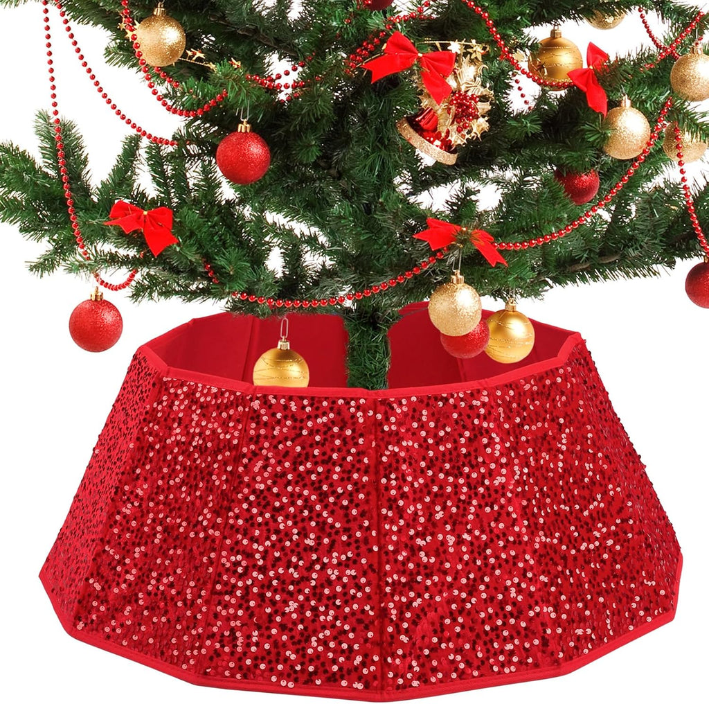 Sequin Christmas Tree Collar 31.5inch,Tree Skirt for Halloween Christmas Decoration 12-Sided Xmas Tree Base Cover (Red)