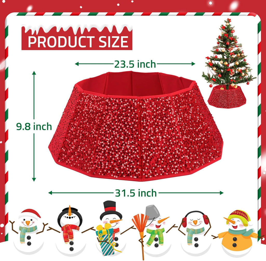 Sequin Christmas Tree Collar 31.5inch,Tree Skirt for Halloween Christmas Decoration 12-Sided Xmas Tree Base Cover (Red)