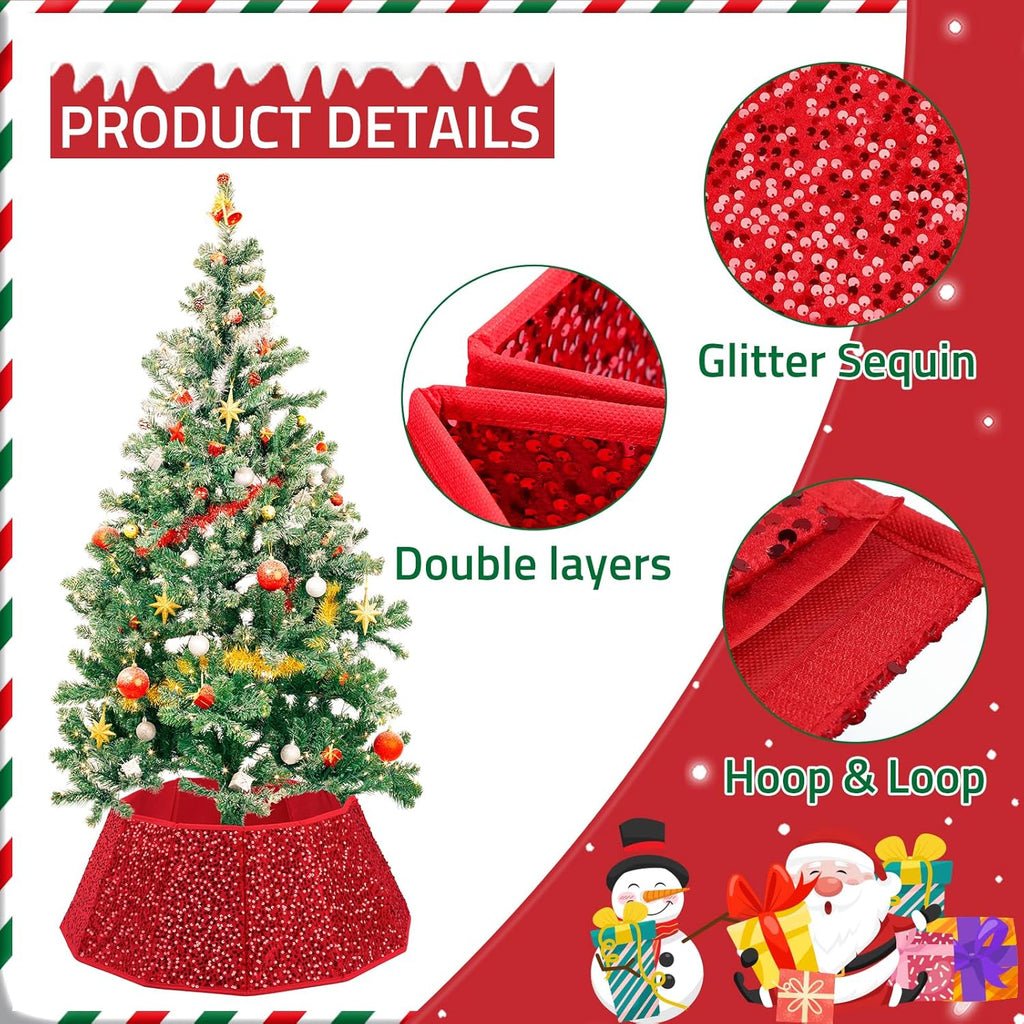 Sequin Christmas Tree Collar 31.5inch,Tree Skirt for Halloween Christmas Decoration 12-Sided Xmas Tree Base Cover (Red)