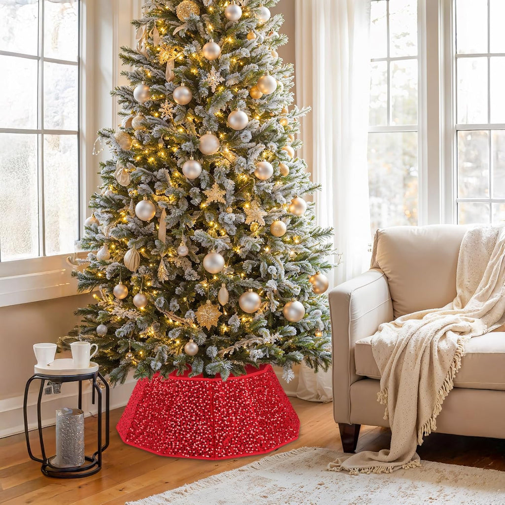 Sequin Christmas Tree Collar 31.5inch,Tree Skirt for Halloween Christmas Decoration 12-Sided Xmas Tree Base Cover (Red)