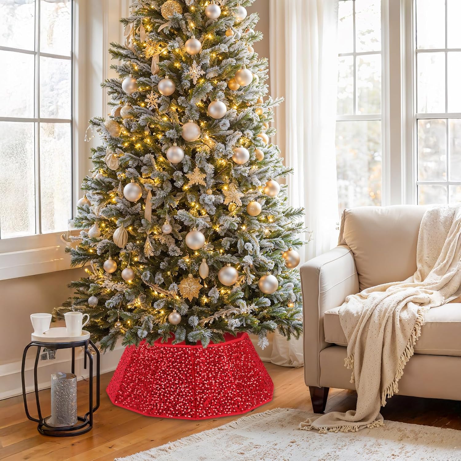 Sequin Christmas Tree Collar 31.5inch,Tree Skirt for Halloween Christmas Decoration 12-Sided Xmas Tree Base Cover (Red)