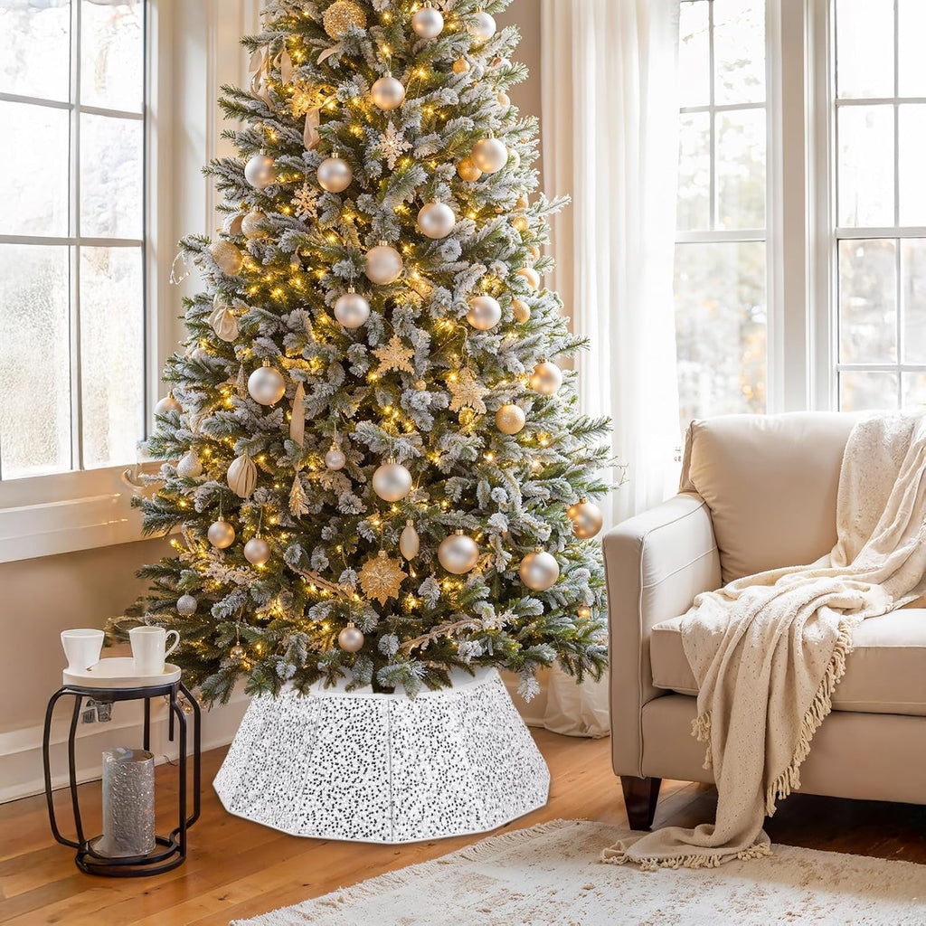 Sequin Christmas Tree Collar 31.5inch,Tree Skirt for Halloween Christmas Decoration 12-Sided Xmas Tree Base Cover(Silver)