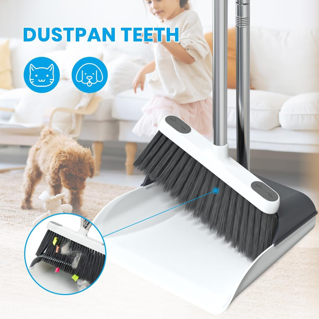 Stand Up Dustpan and Broom Set 50” Long Handle Broom with Dust Pan, 20° Angled for Ergonomic Home Office Indoor Sweeping