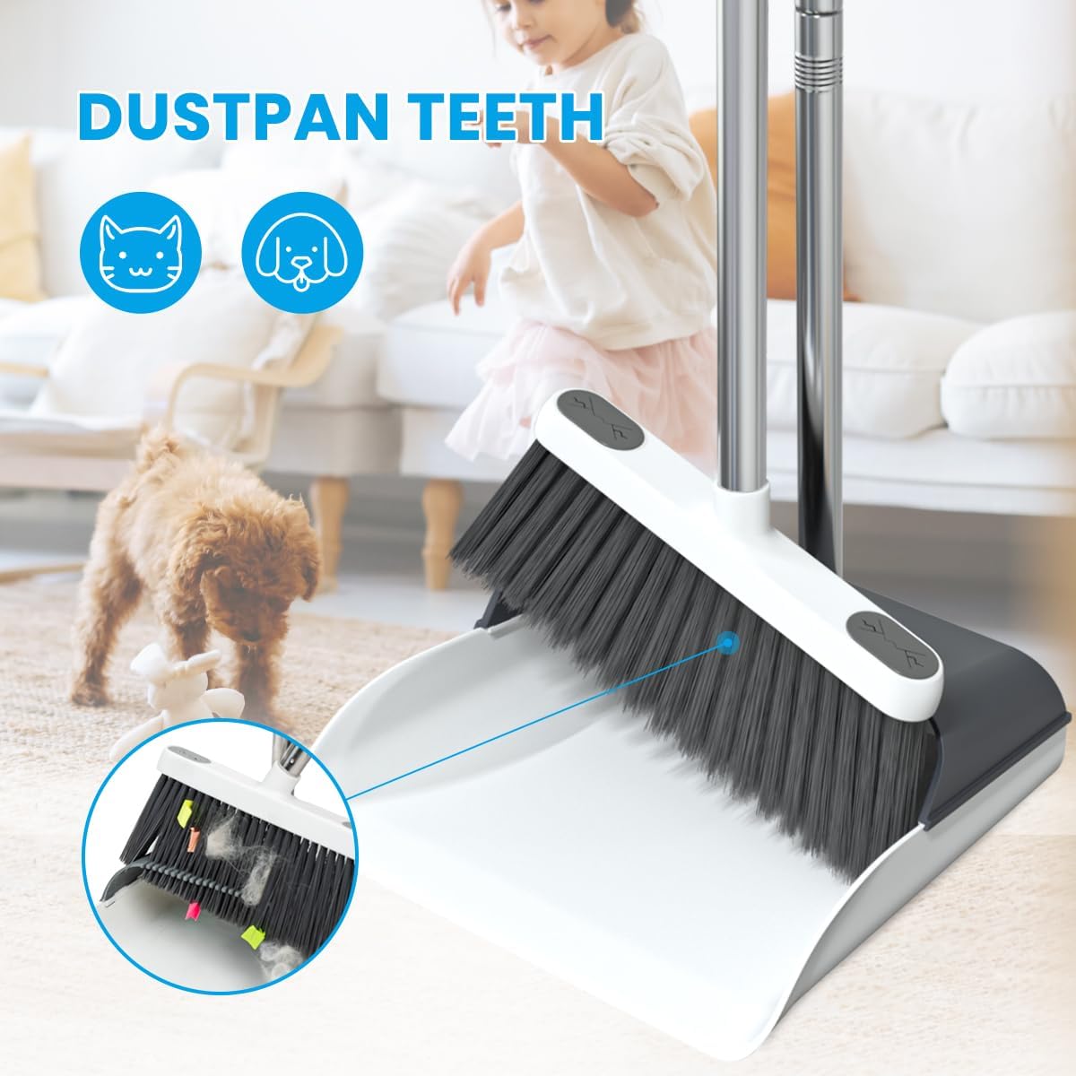 Stand Up Dustpan and Broom Set 50” Long Handle Broom with Dust Pan, 20° Angled for Ergonomic Home Office Indoor Sweeping