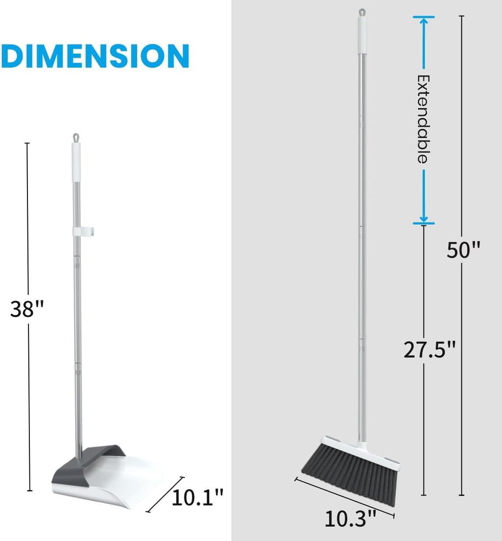 Stand Up Dustpan and Broom Set 50” Long Handle Broom with Dust Pan, 20° Angled for Ergonomic Home Office Indoor Sweeping