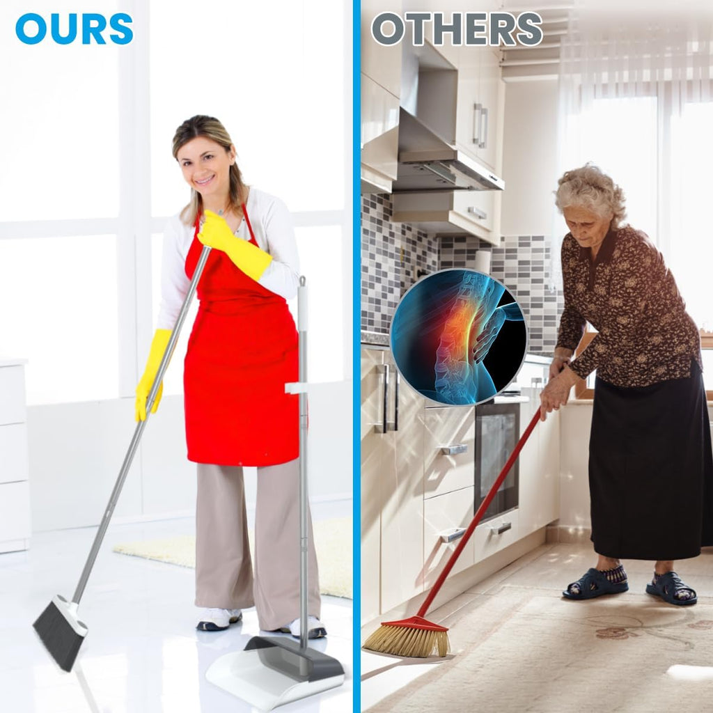 Stand Up Dustpan and Broom Set 50” Long Handle Broom with Dust Pan, 20° Angled for Ergonomic Home Office Indoor Sweeping