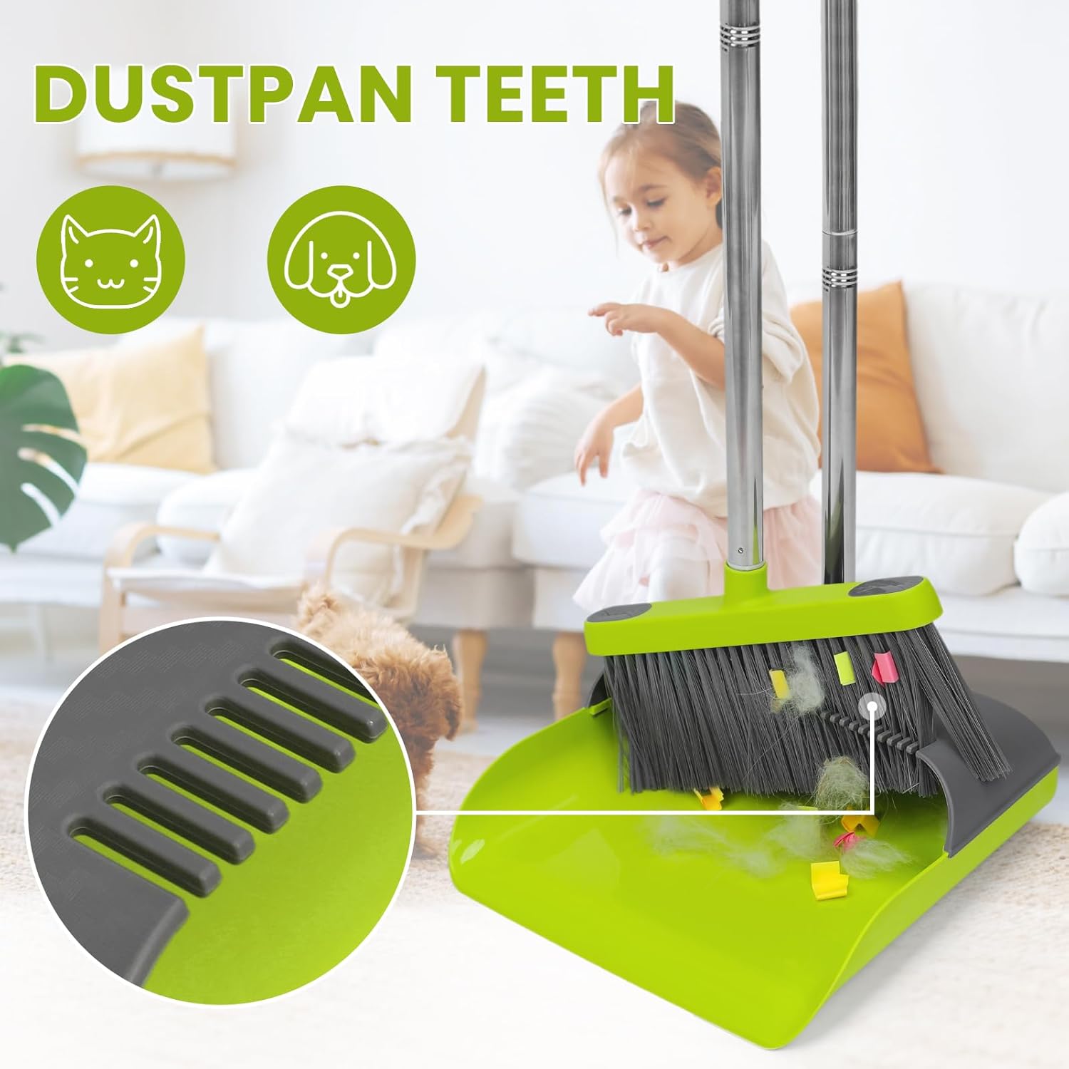 Broom and Standing Dustpan Set 50” Angle Broom with Long Handle Dust Pans for Kitchen Classroom Office Floor Sweeping-Green