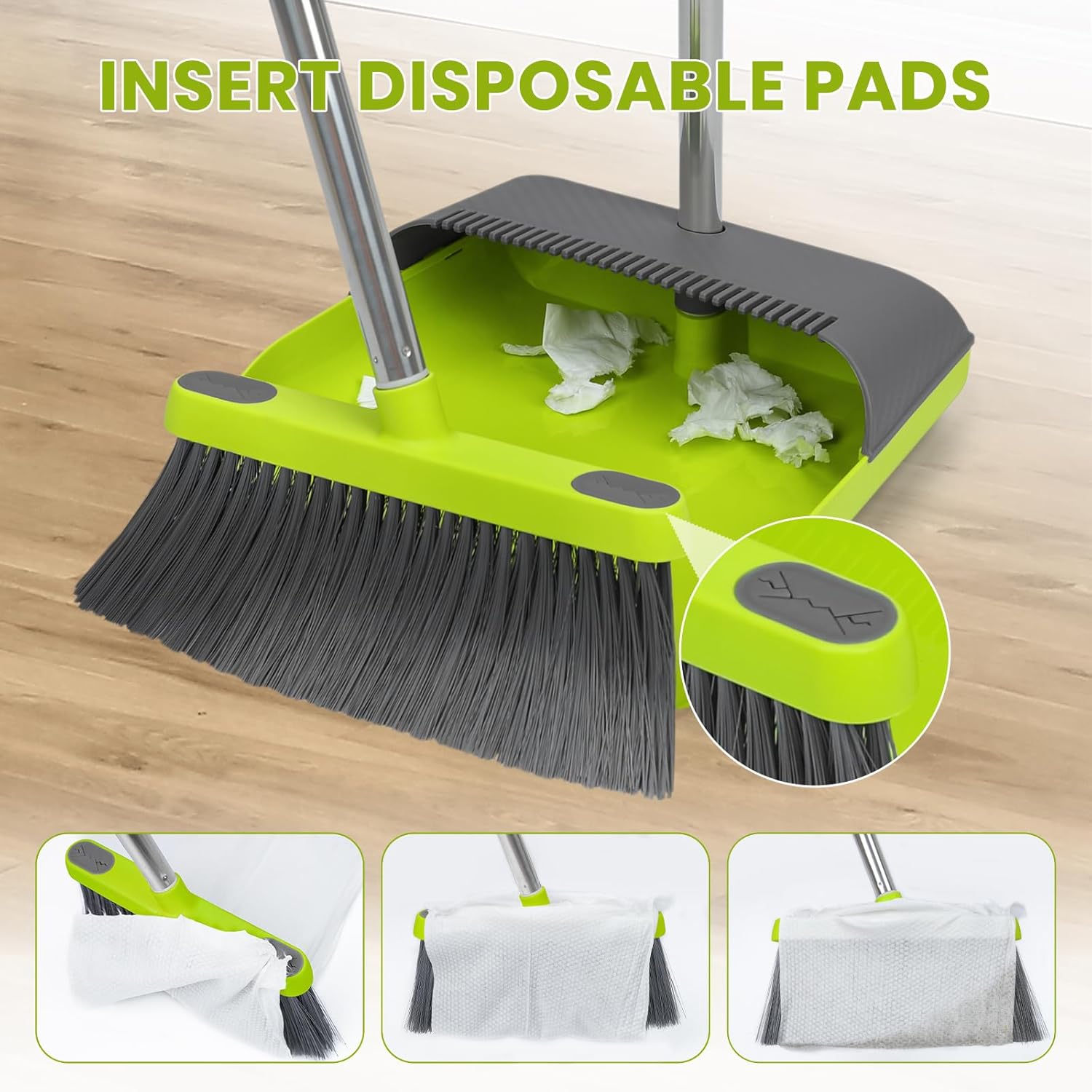 Broom and Standing Dustpan Set 50” Angle Broom with Long Handle Dust Pans for Kitchen Classroom Office Floor Sweeping-Green