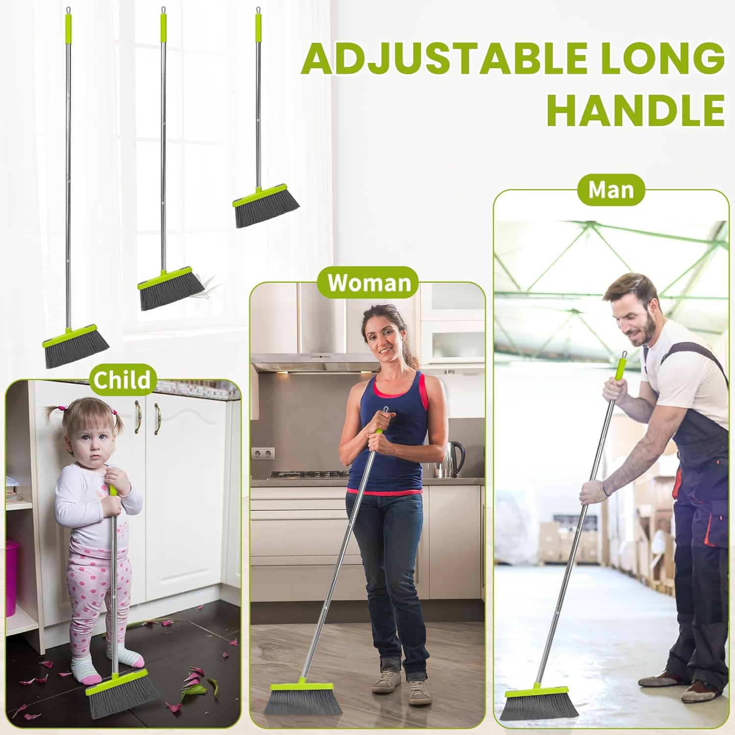 Broom and Standing Dustpan Set 50” Angle Broom with Long Handle Dust Pans for Kitchen Classroom Office Floor Sweeping-Green