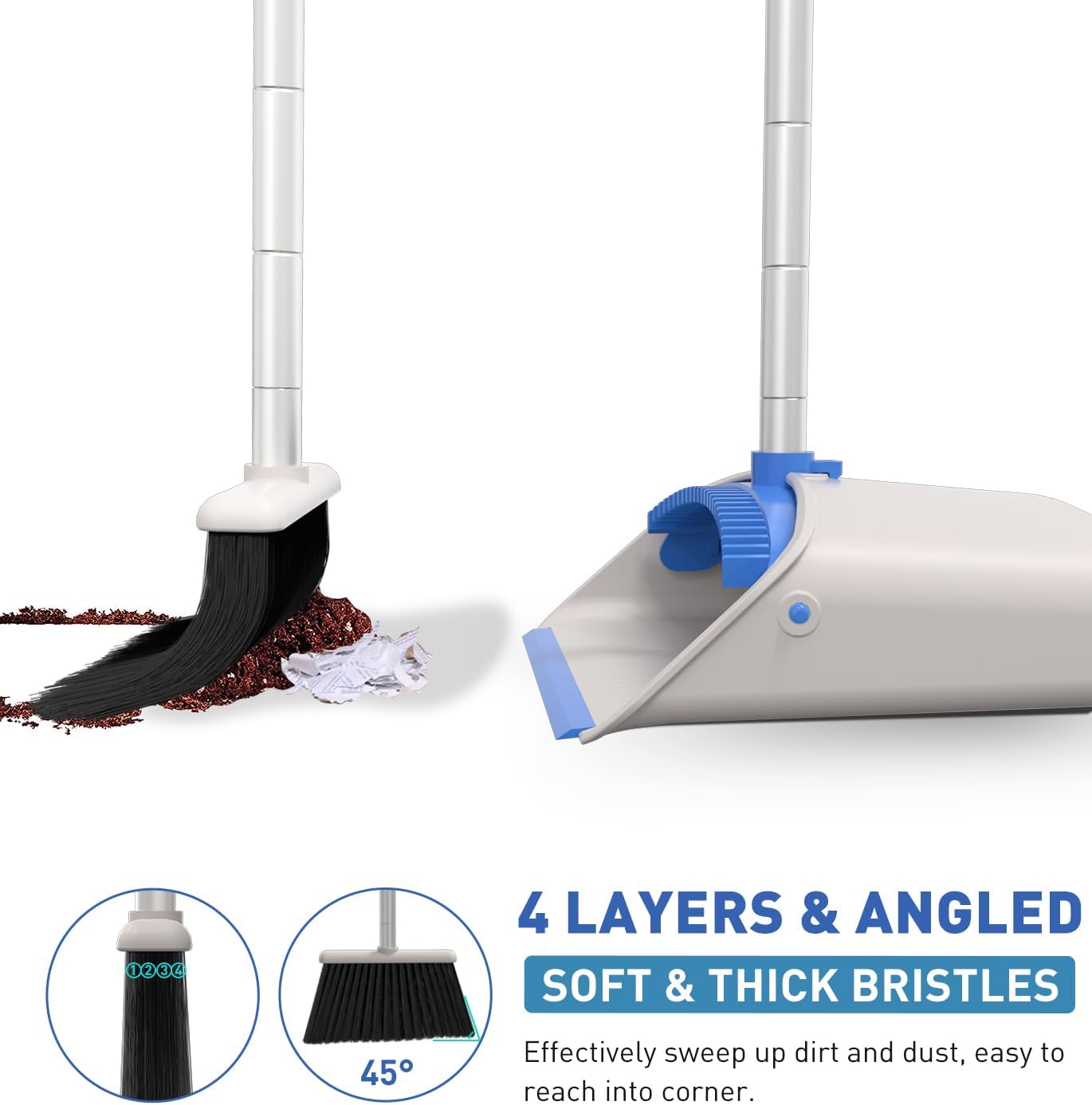 Broom and Dustpan Set，Broom with Dustpan Combo Set, Stand up Dust Pans with Long Handle-Blue