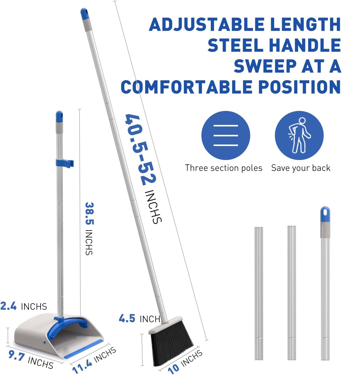Broom and Dustpan Set，Broom with Dustpan Combo Set, Stand up Dust Pans with Long Handle-Blue