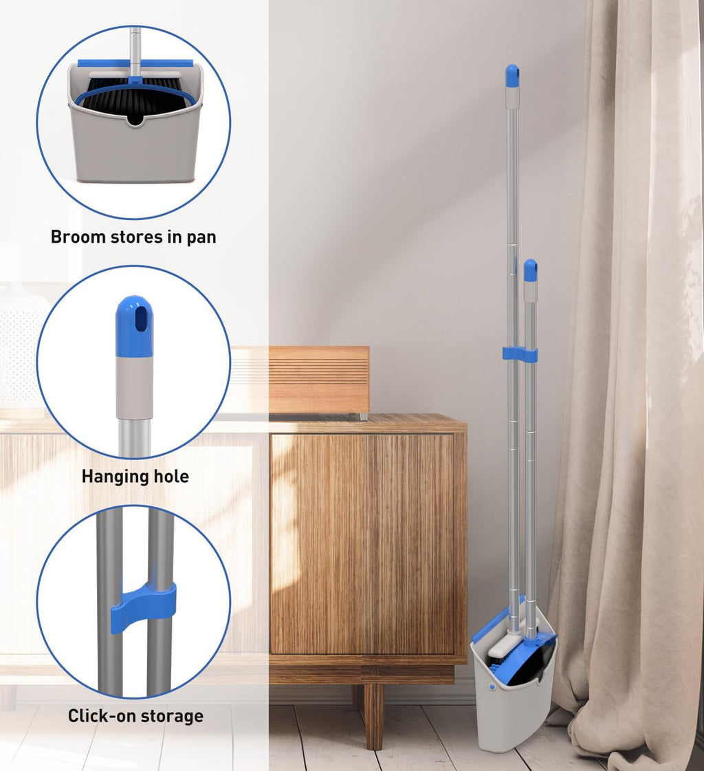 Broom and Dustpan Set，Broom with Dustpan Combo Set, Stand up Dust Pans with Long Handle-Blue