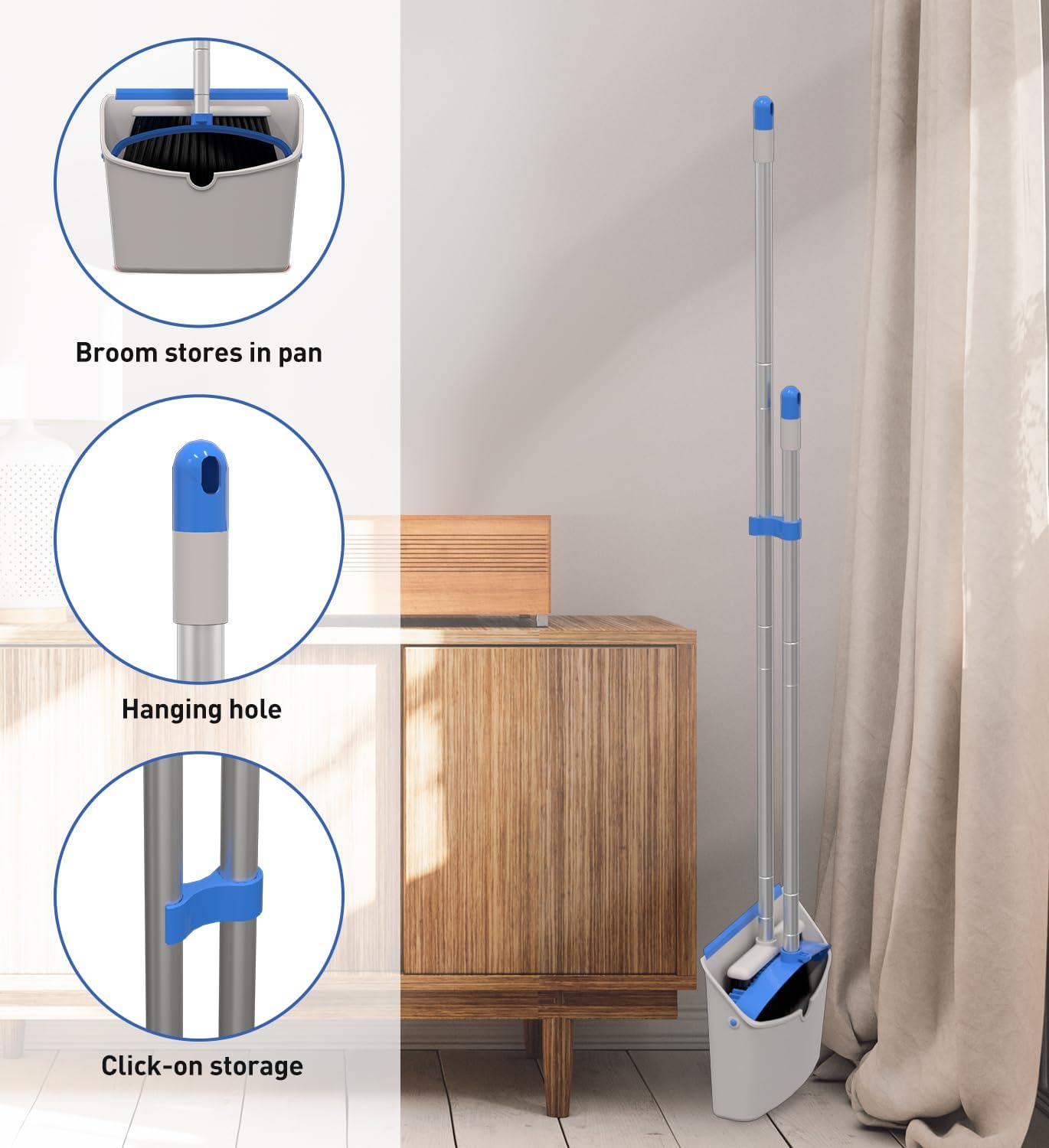 Broom and Dustpan Set，Broom with Dustpan Combo Set, Stand up Dust Pans with Long Handle-Blue