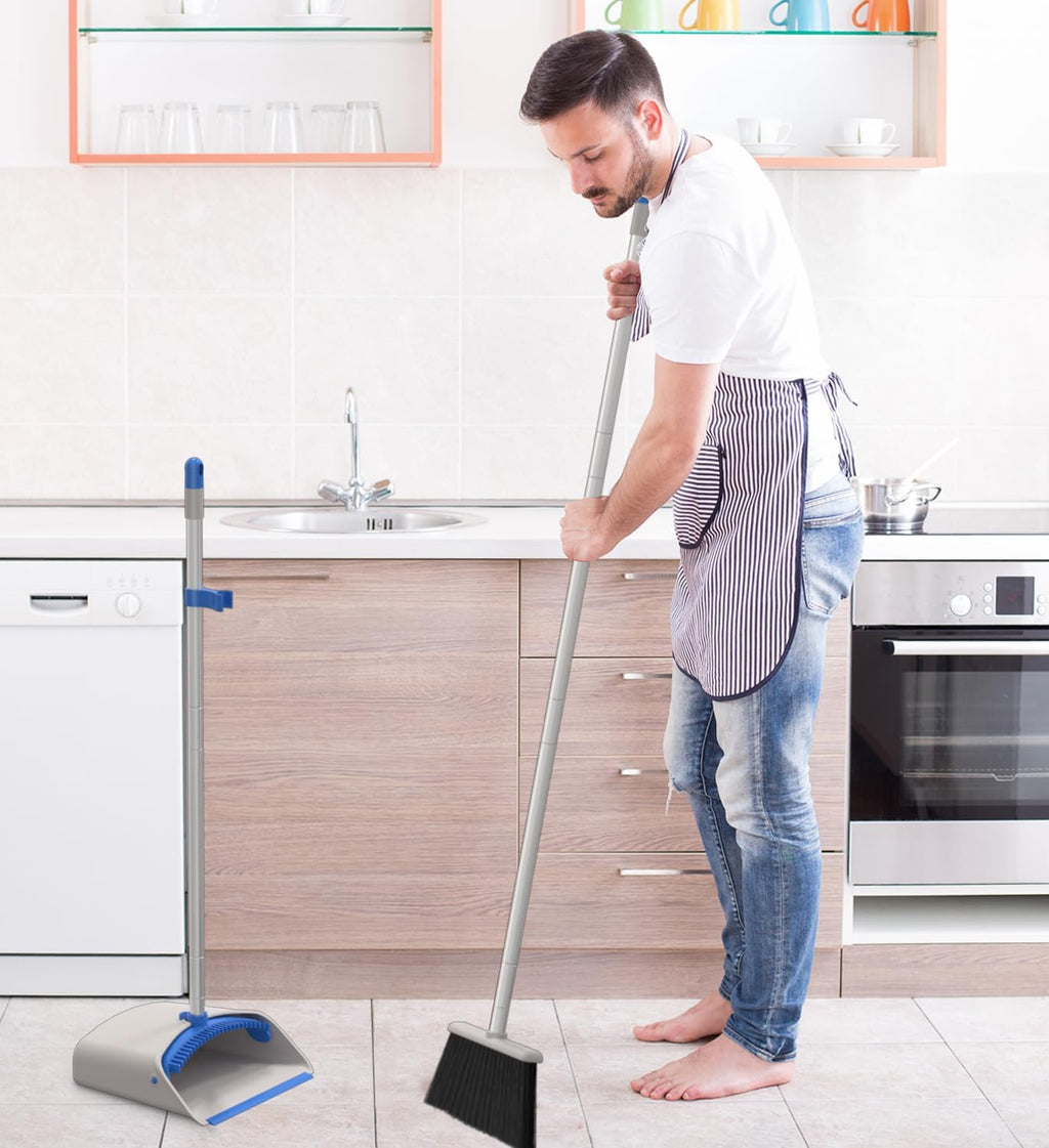 Broom and Dustpan Set，Broom with Dustpan Combo Set, Stand up Dust Pans with Long Handle-Blue