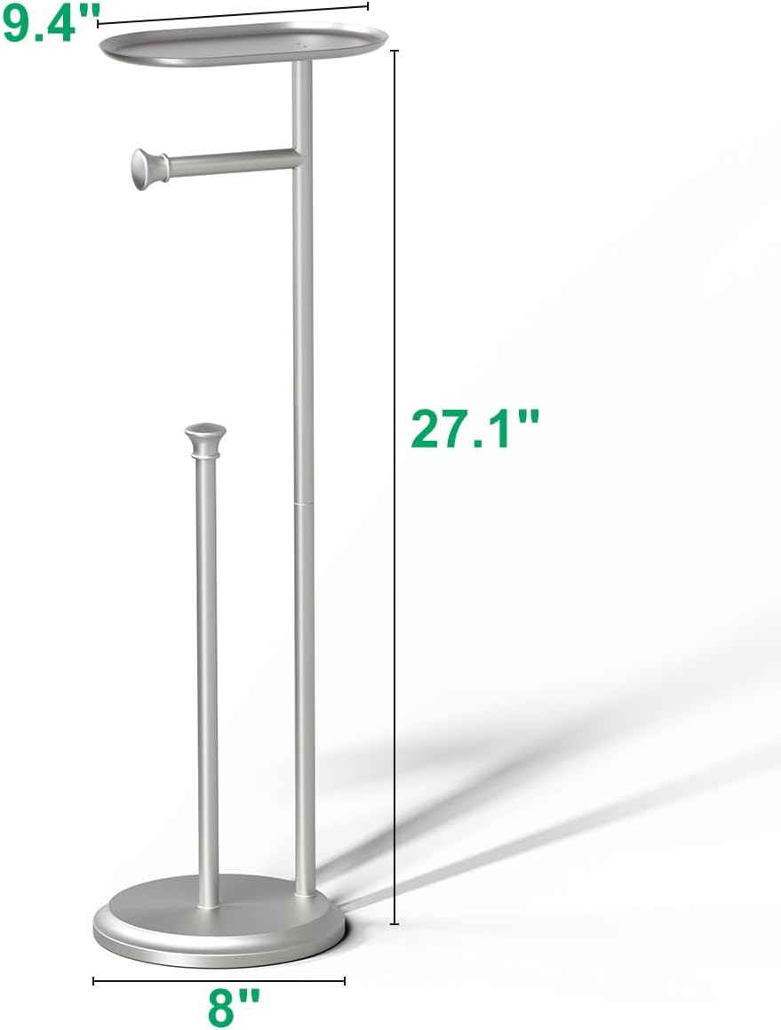 Freestanding Toilet Paper Holder with Shelf and Reserve for Small Bathroom Storage, Holds 5 Mega Rolls/Phone/Wipes Nickel