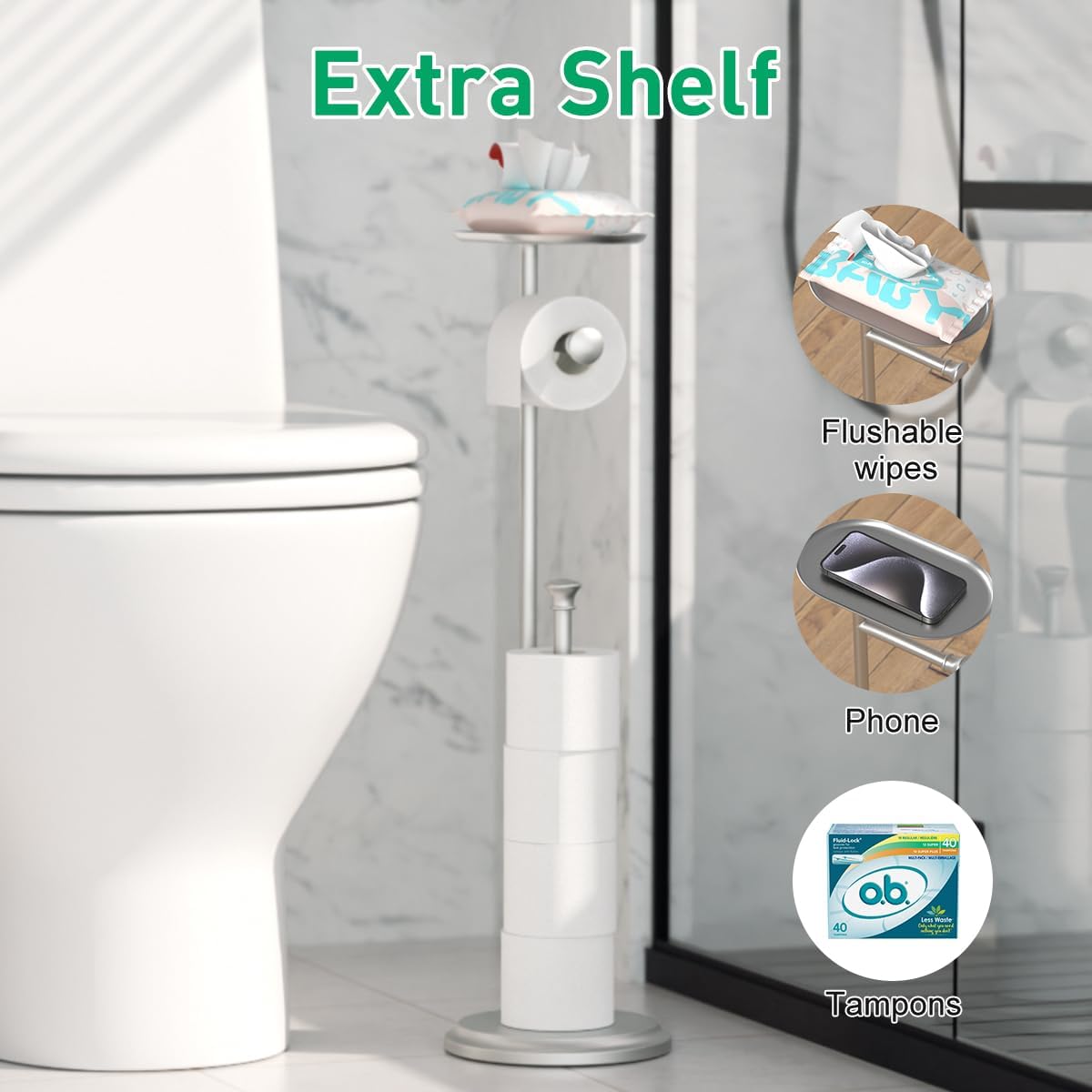 Freestanding Toilet Paper Holder with Shelf and Reserve for Small Bathroom Storage, Holds 5 Mega Rolls/Phone/Wipes Nickel