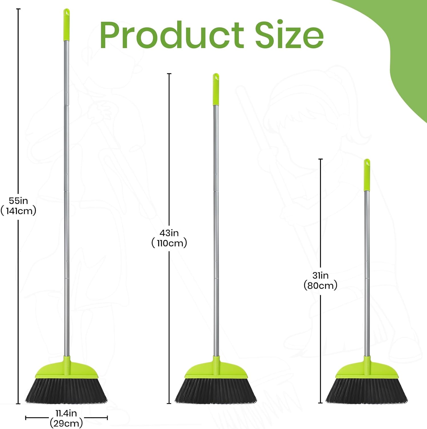 3 Packs Indoor Brooms for Sweeping Hardwood Floor Green Angle Broom with 55” Long Handle for Kitchenette Floor Cleaning